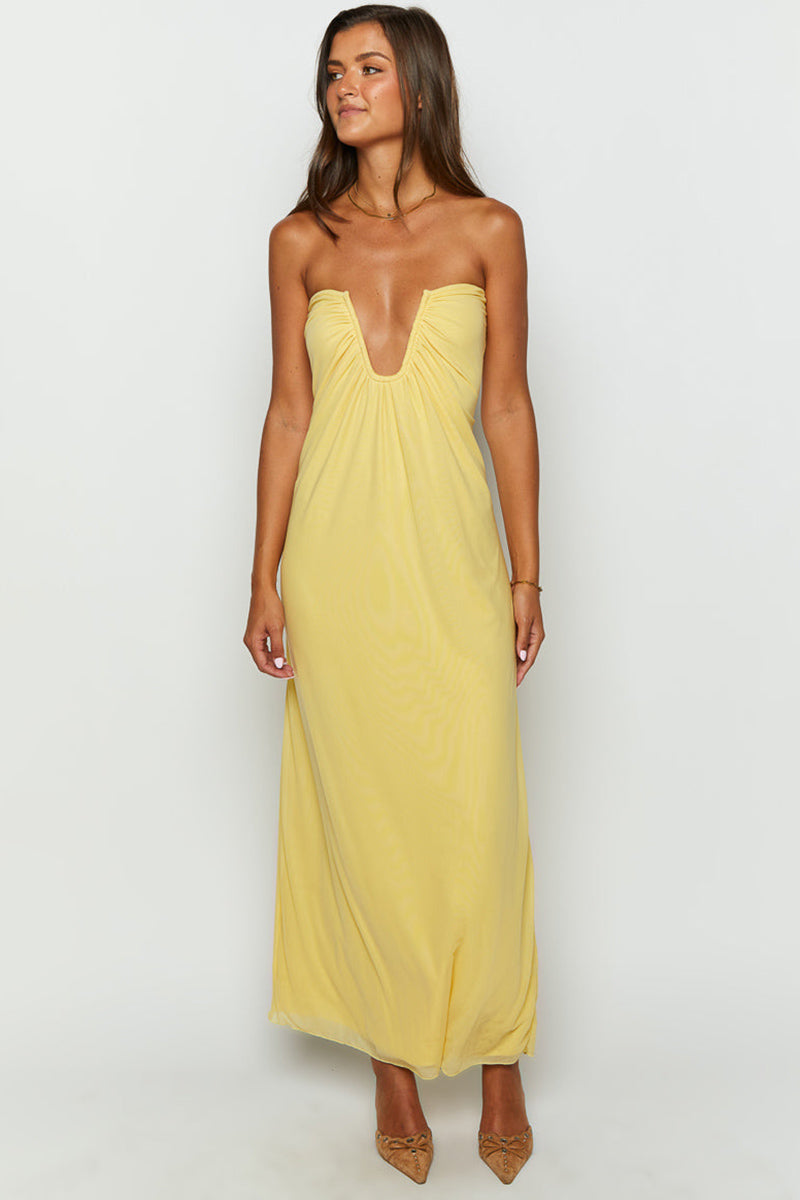 Off Shoulder Notched V Neck Ruched Formal Party Layered Plain Maxi Dresses-Yellow