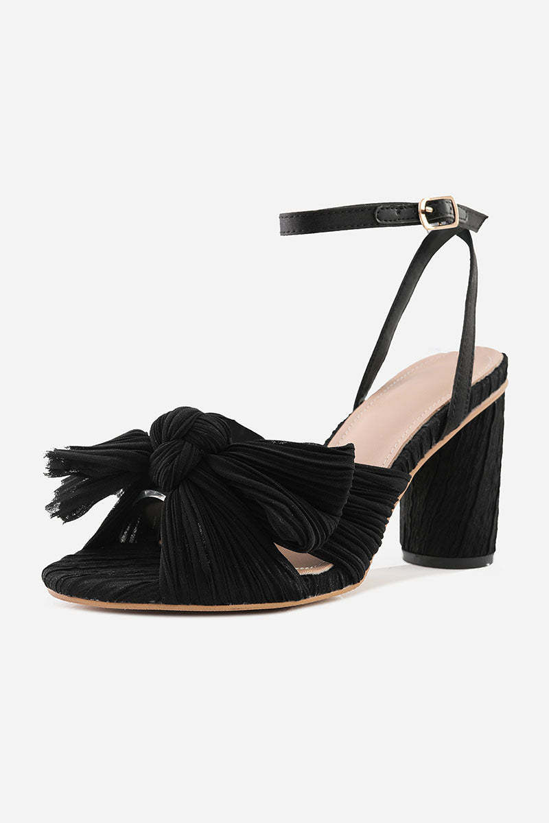 Pleated Bow Ankle Strap Chunky High Heel Sandals