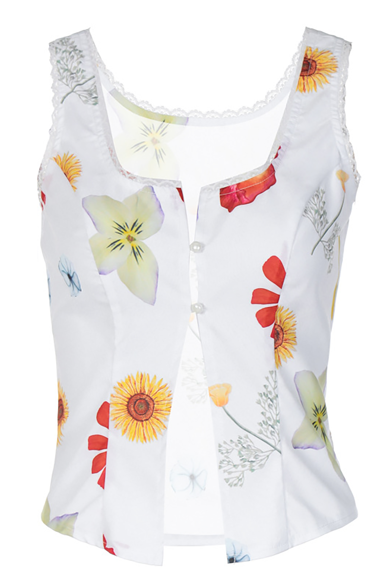 Floral Print Lace Trim Square Neck Button Up Slit Tank Top-White