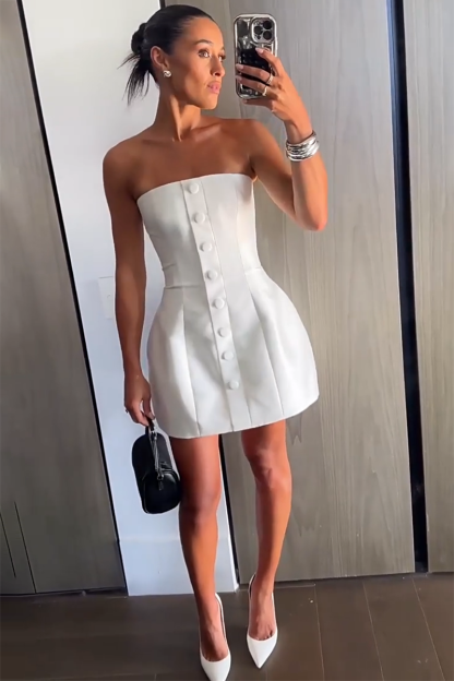 Boat Neck Front Button A-Line Puff Hem Mini Tube Dresses-White