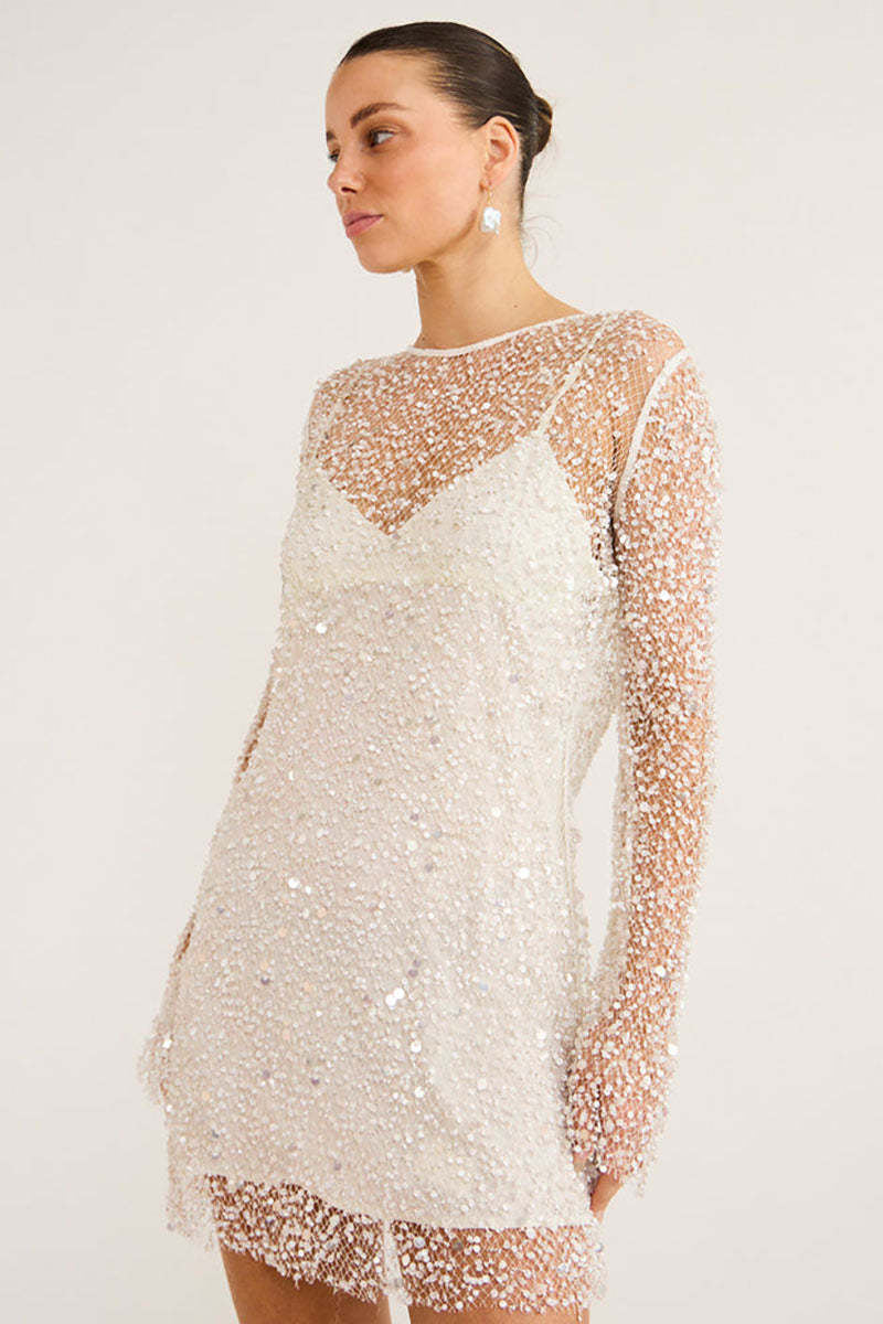 Sequins Pearls Round Neck Long Sleeve Slim Fit Double Layered Mini Dresses - White