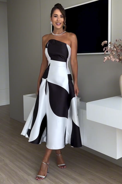 Colorblock Strapless A-Line Cocktail Party Midi Dresses-Black