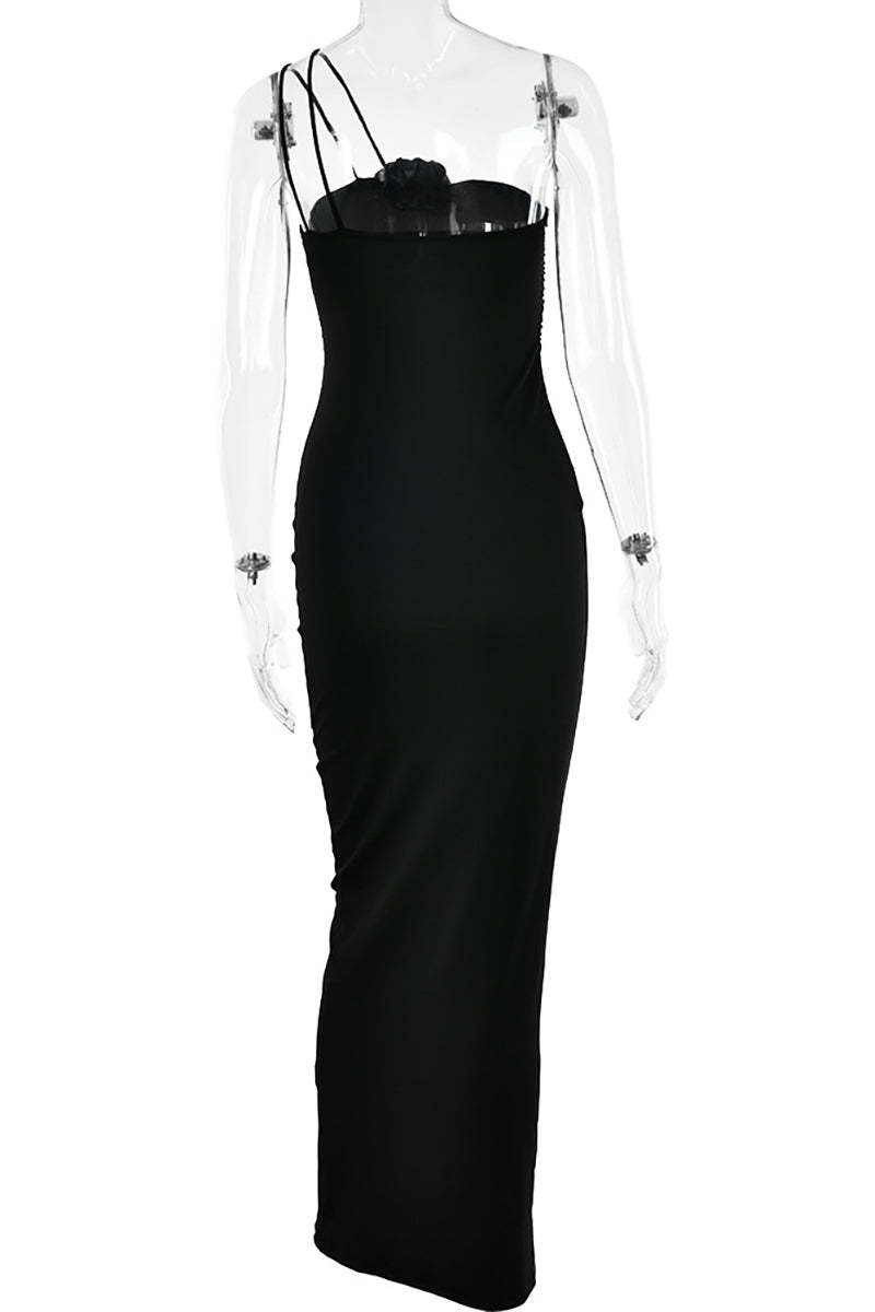 Cami 3D Flower Decor Ruched Backless One Shoulder Bodycon Wedding Guest Maxi Dresses