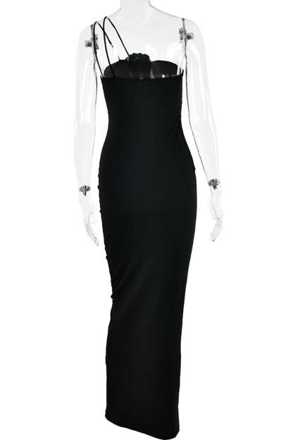 Cami 3D Flower Decor Ruched Backless One Shoulder Bodycon Wedding Guest Maxi Dresses