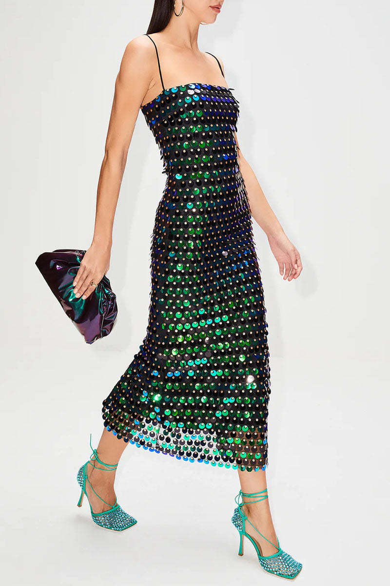 Sequins Spaghetti Strap Slim Fit Birthday Party Midi Dresses-Silver