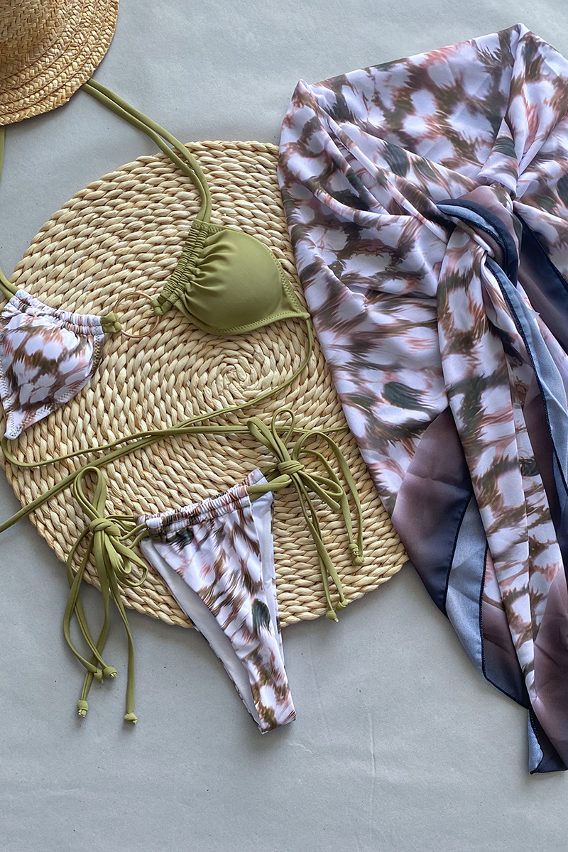 Animal Print Halter Tie Up Maxi Skirt Bikini Three-Piece Set-Green