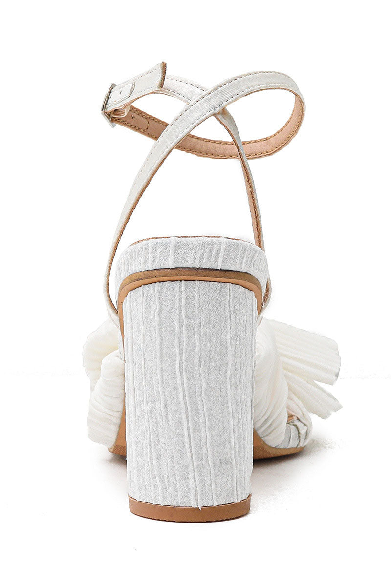 Pleated Bow Ankle Strap Chunky High Heel Sandals