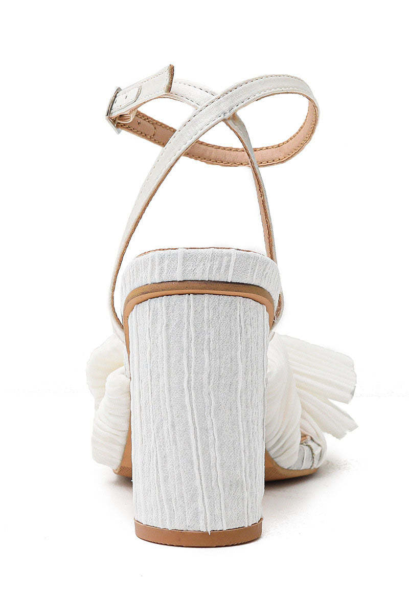 Pleated Bow Ankle Strap Chunky High Heel Sandals