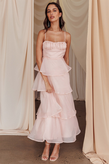 Spaghetti Strap Front Ruched A-Line Tie Up Backless Tiered Ruffled Maxi Dresses-Pink