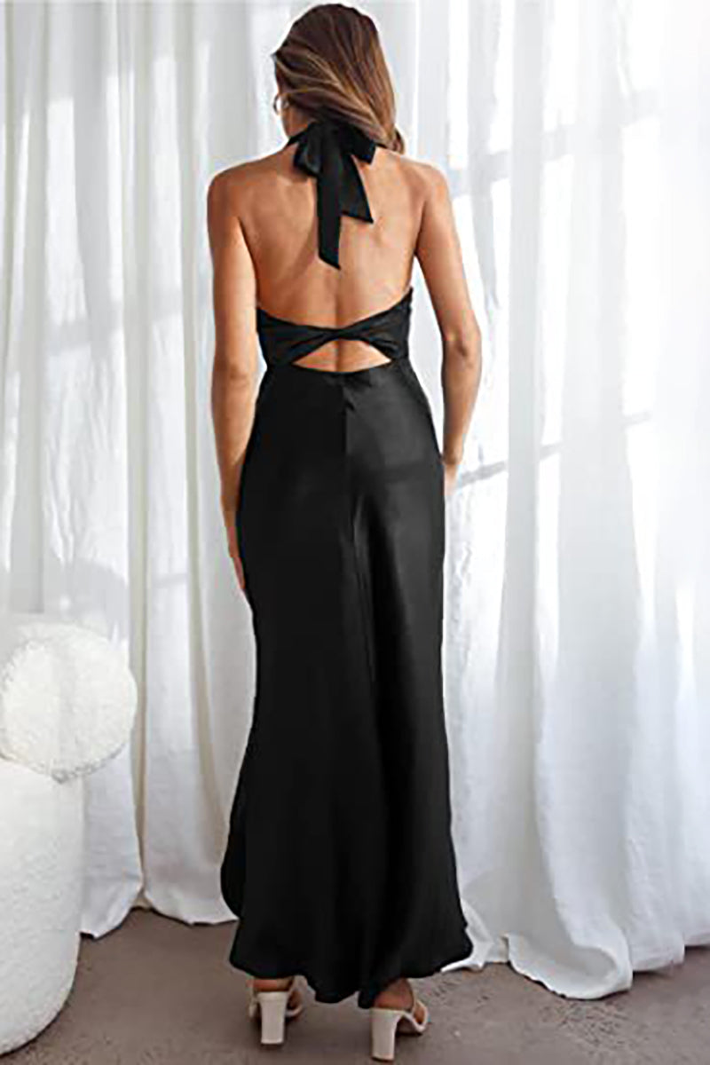 Satin Backless Halter Sleeveless High Slit Flowy Bodycon Bridesmaid Midi Dress