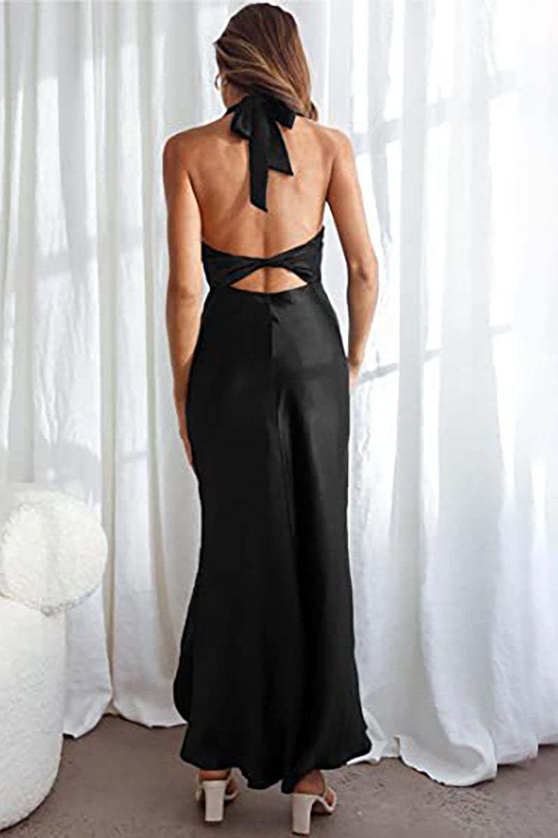 Satin Backless Halter Sleeveless High Slit Flowy Bodycon Bridesmaid Midi Dress