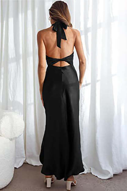 Satin Backless Halter Sleeveless High Slit Flowy Bodycon Bridesmaid Midi Dress