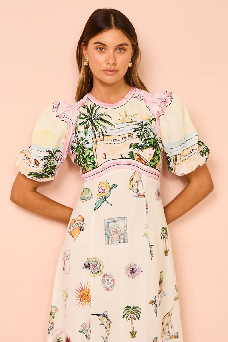 Vacation Mixed Prints Puff Sleeve A-Line Midi Dresses-Beige