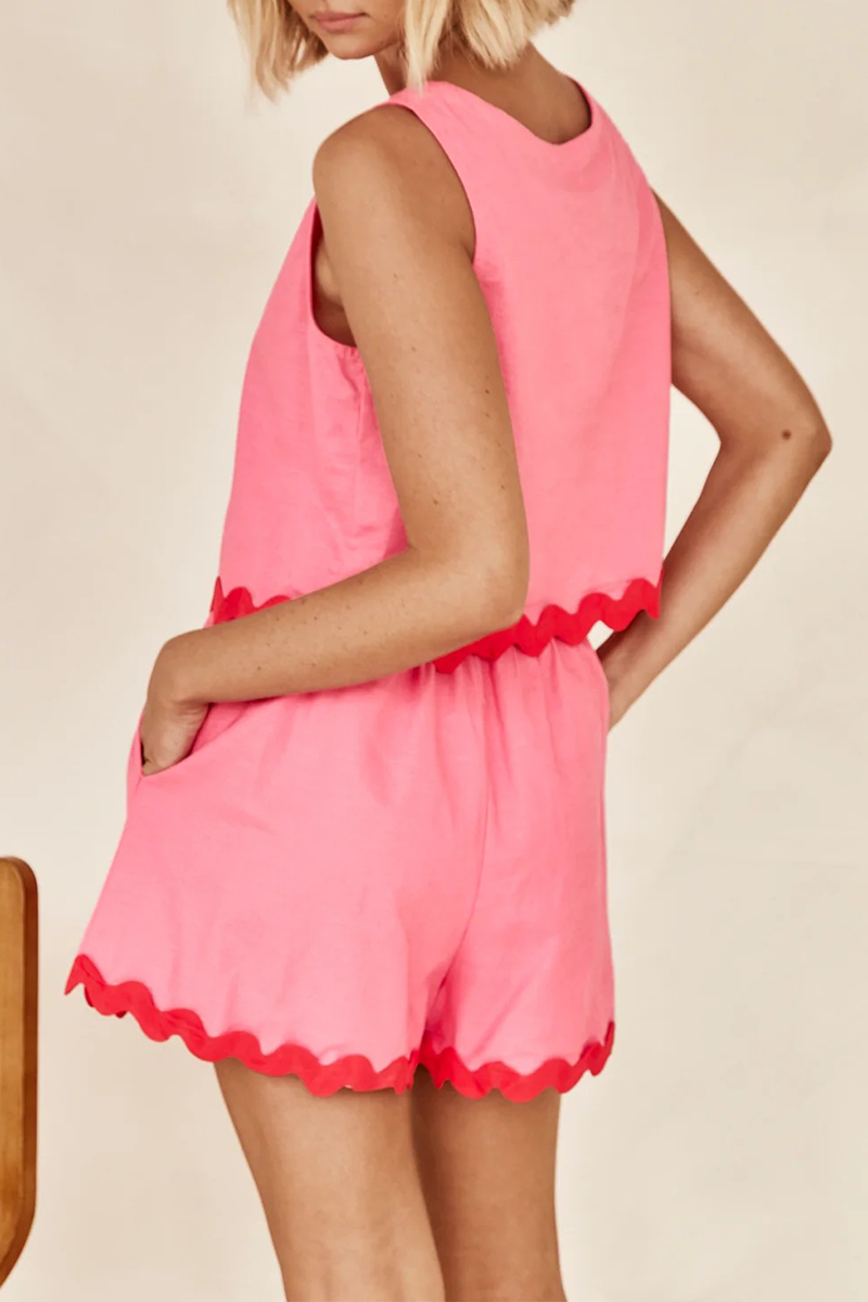 Colorblock Wavy Grain Trim Tank Top Pocket Shorts Matching Set-Pink