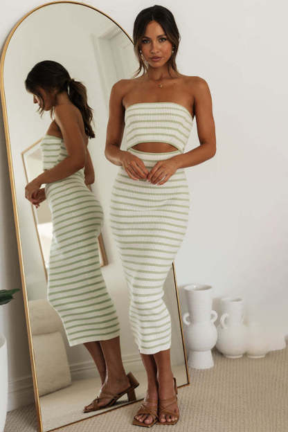 Boat Neck Tube Cutout Backless Striped Knitted Bodycon Midi Dresses