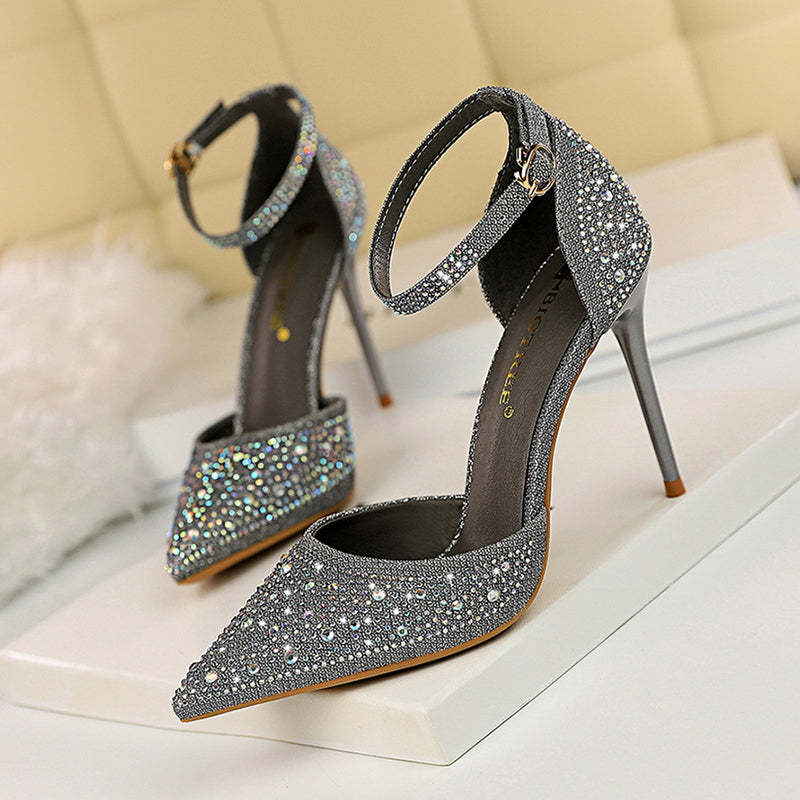 Rhinestone Embellished Pointy Toe Ankle Strap Buckle Stiletto Heels