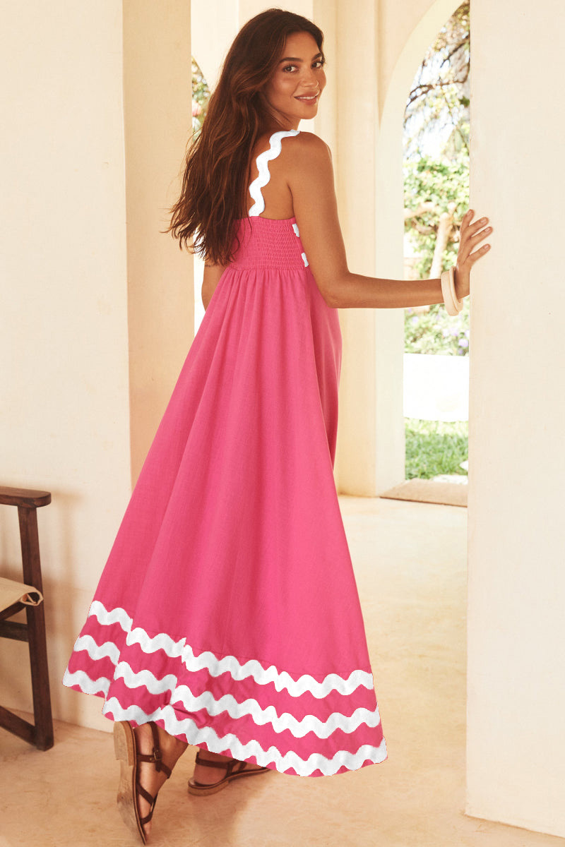 Colorblock Ripple Trim Vacation Slip Maxi Dresses-Black