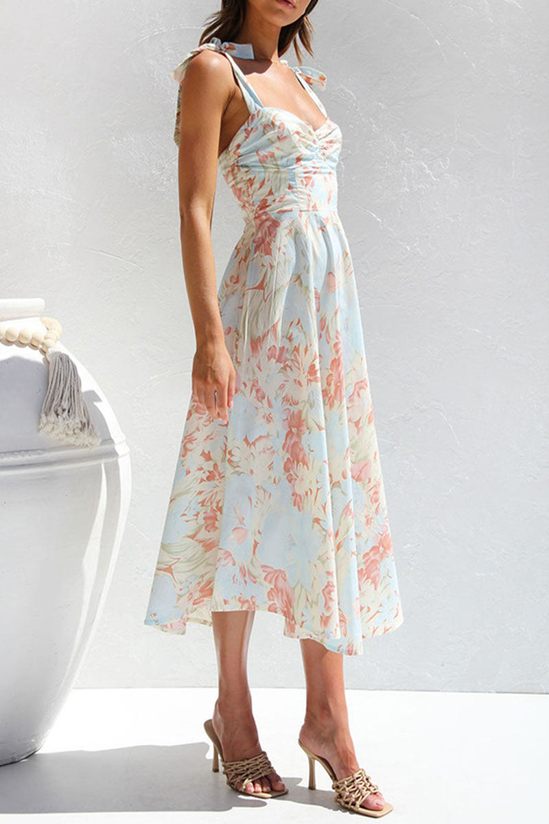 Print Tied Strap Sleeveless Vacation A-Line Midi Dresses