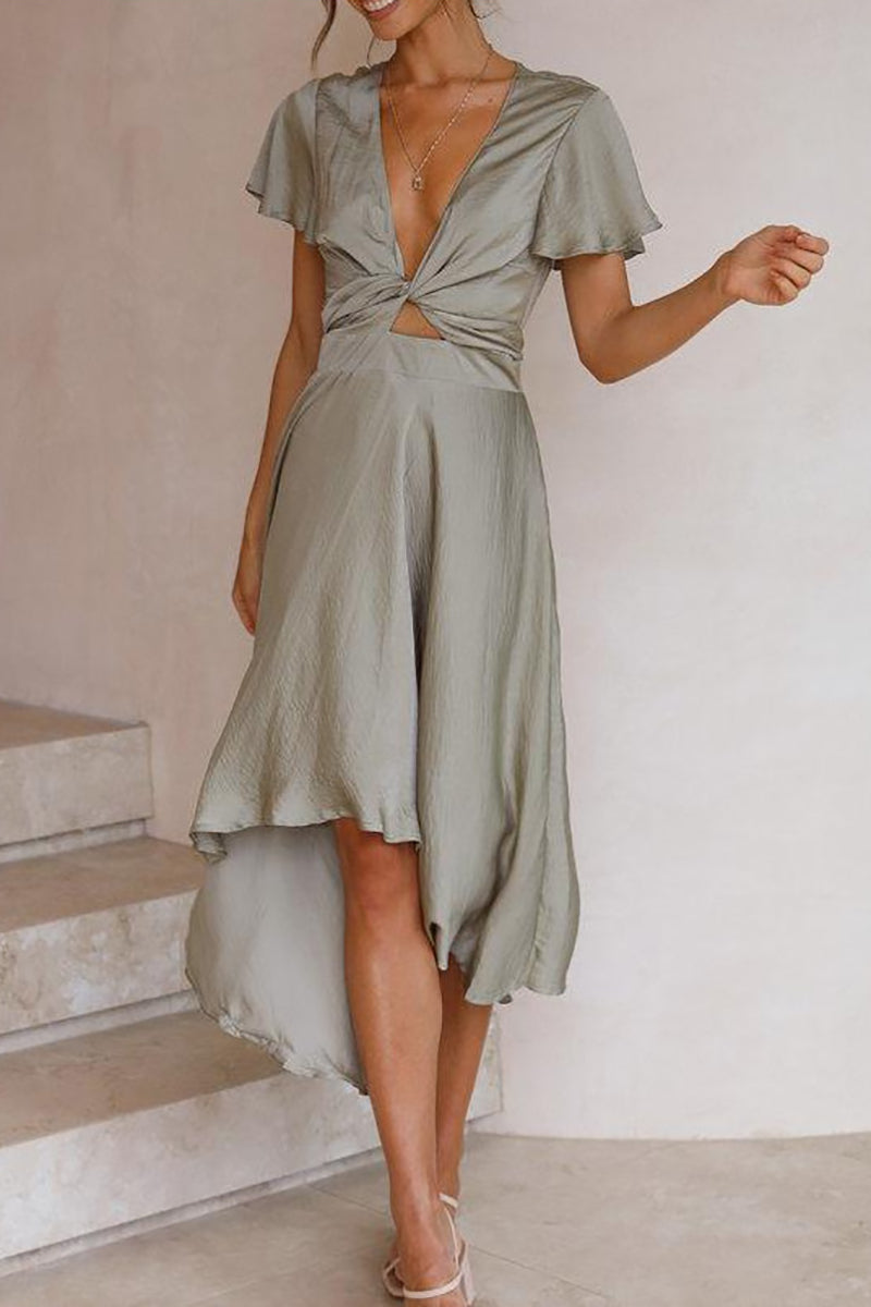 Deep V Neck Petal Sleeve Cut Out Irregular Hem Flowy Midi Dress