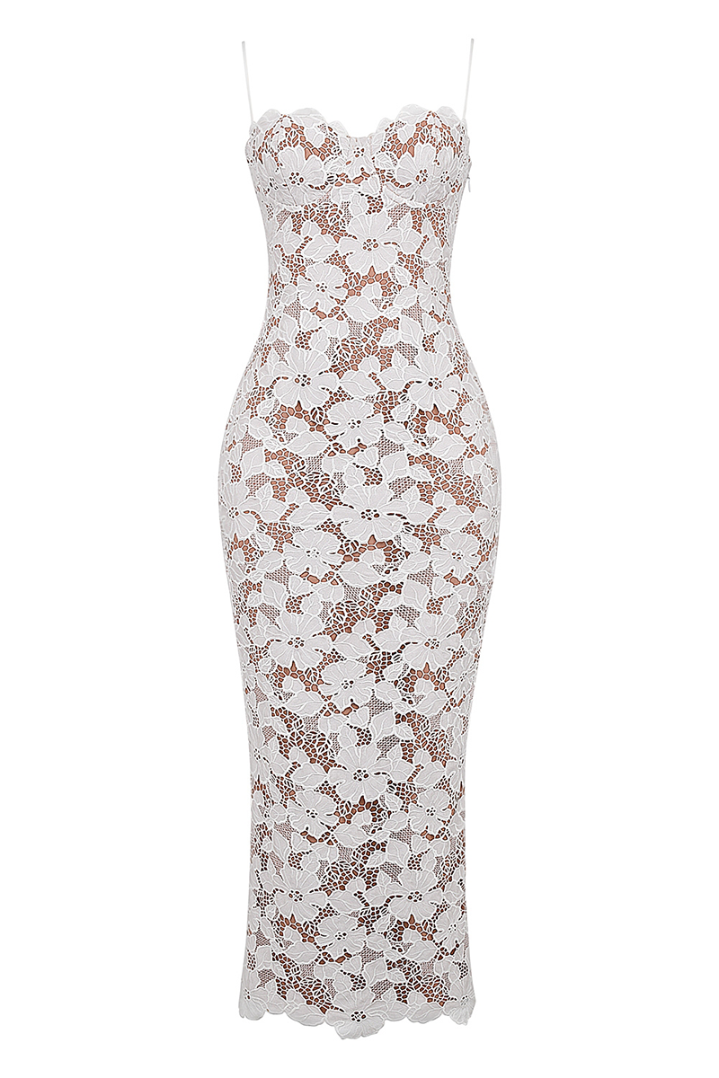Floral Embroidery Bodycon Spaghetti Strap Maxi Dresses-White