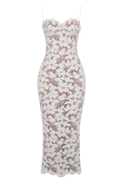 Floral Embroidery Bodycon Spaghetti Strap Maxi Dresses-White