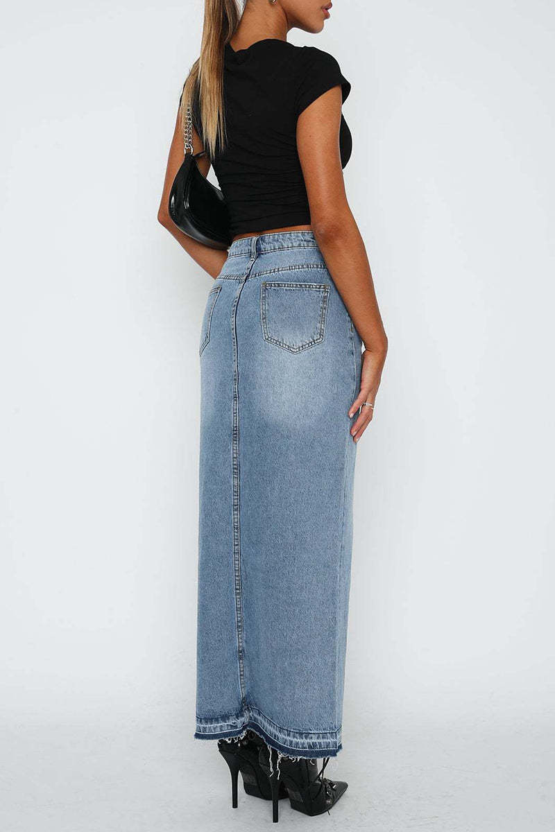 Denim Bodycon Slit Front Pocket Maxi Skirt-Blue