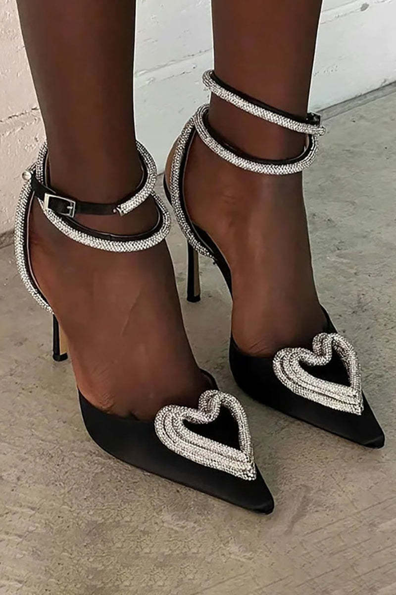 Pointy Toe Ankle Wrapped Heart Shape Rhinestone Velvet Sandals
