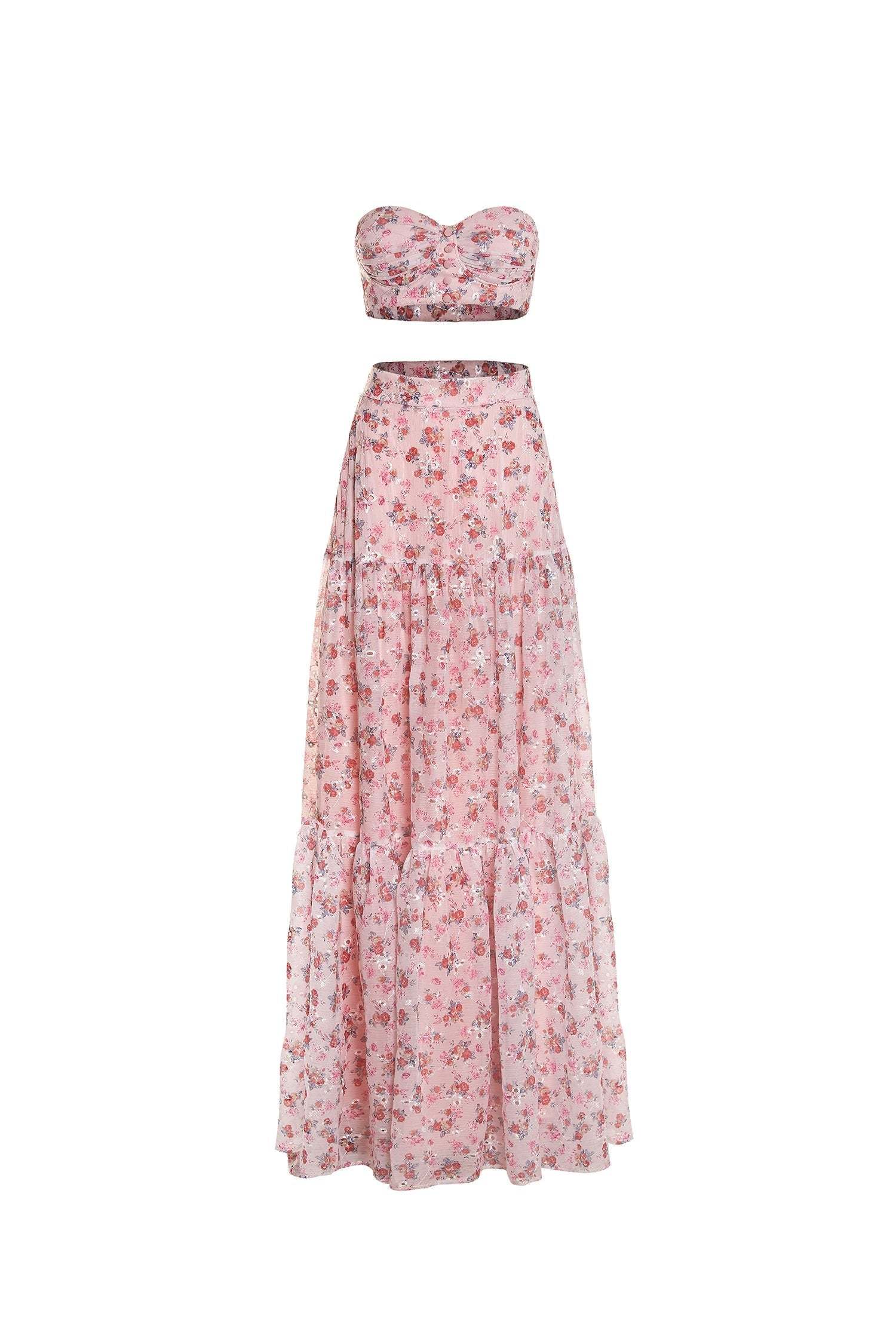 Vacation Pink Floral Two Piece Maxi Skirt Set