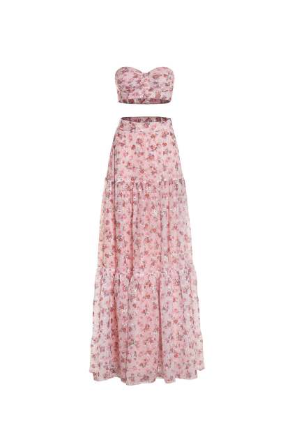 Vacation Pink Floral Two Piece Maxi Skirt Set