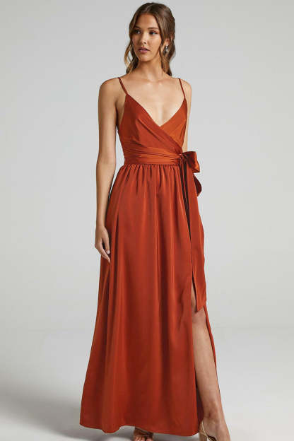 V Neck Knotted Split Gown Slip Maxi Dresses