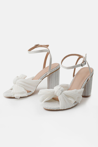 Pleated Bow Ankle Strap Chunky High Heel Sandals