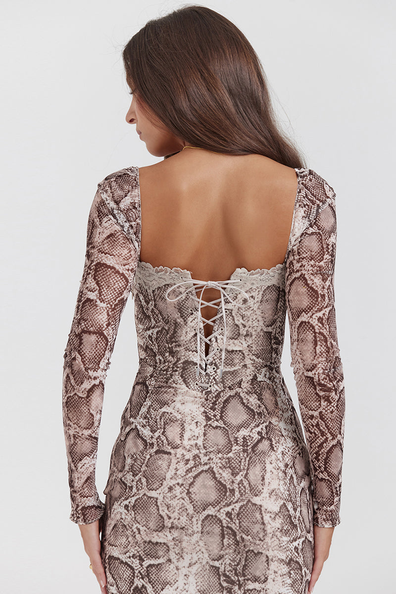 Snake Print Square Neck Lace Long Sleeve Bodycon Midi Dresses-Brown