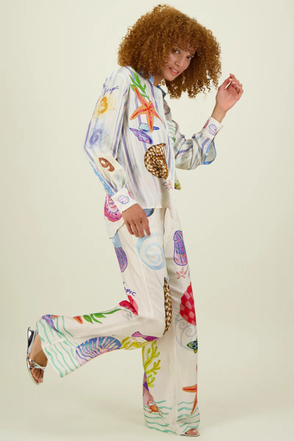 Starfish Seashells Print Long Sleeve Blouse Wide Leg Pants Matching Set-White