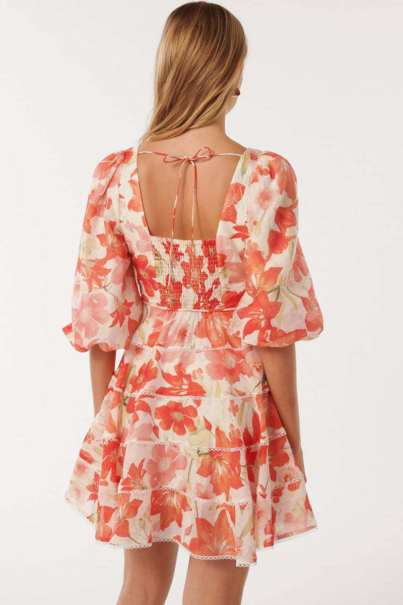 V Neck Ruched Puff Sleeve Floral Print Ribbon Mini Dresses-Red