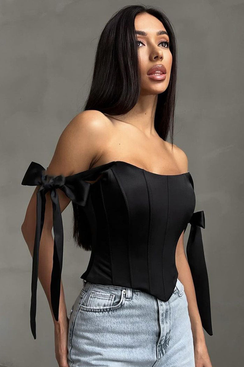 Off Shoulder Ribbon Decor Asymmetric Hem Party Plain Corset Top-Blue