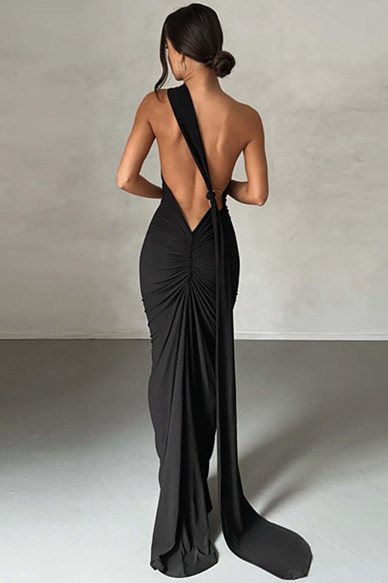 One Shoulder Sleeveless Sash Ring Decor Ruched Backless Elegant Evening Gown White Maxi Dresses