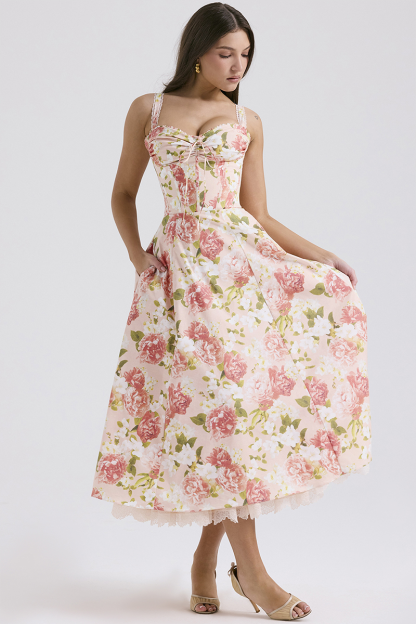 Floral Print Front Tie Up Corset A-Line Garden Party Slip Midi Dresses-Pink