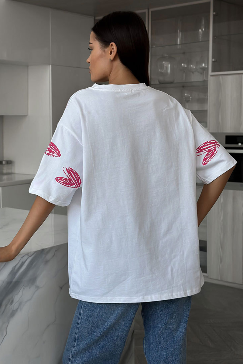 Heart Print Half Sleeve Loose Fit Casual T-shirt-White