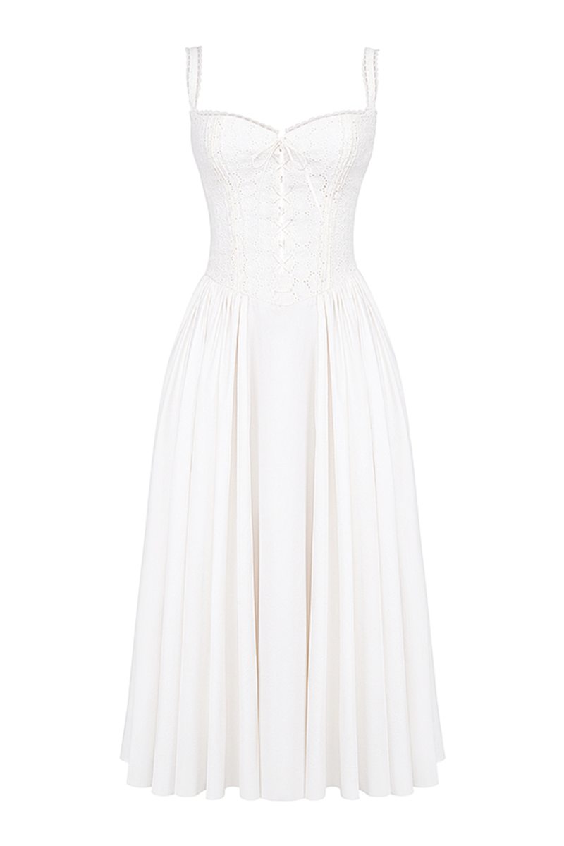 Lace Trim Front Lace Up Corset A-Line Slip Midi Dresses-White Pre Order