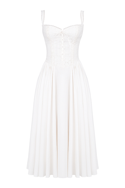 Lace Trim Front Lace Up Corset A-Line Slip Midi Dresses-White Pre Order