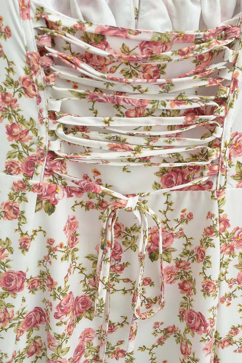 Tied Up Lace Up Floral Print Slit A-Line Vacation Slip Midi Dress