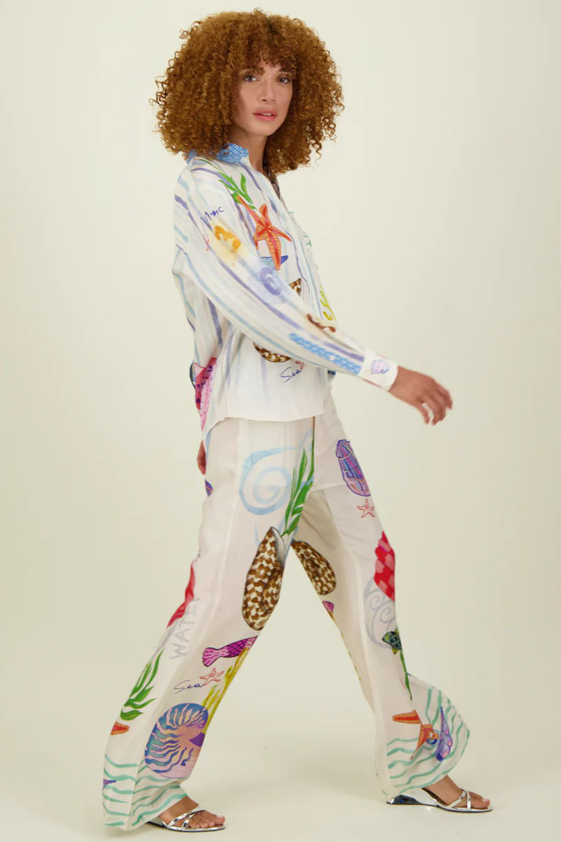 Starfish Seashells Print Long Sleeve Blouse Wide Leg Pants Matching Set-White