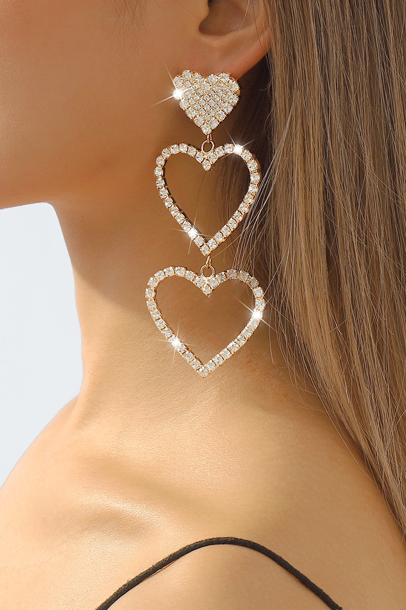 Three-Layer Heart-Shaped Rhinestone Dangle Earrings-Gold