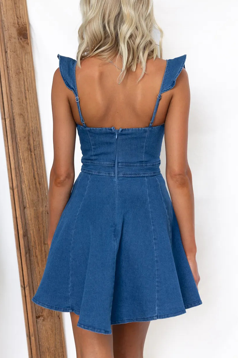 Ruffled Straps A-Line Denim Mini Dresses-Blue