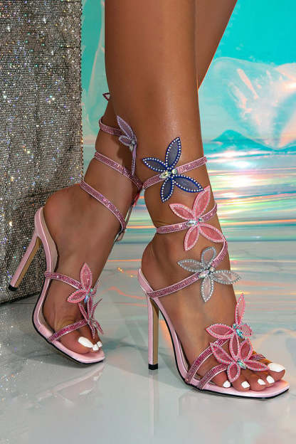 Rhinestone Embellished 3D Butterfly Decor Lace Up Square Toe Stiletto Heels
