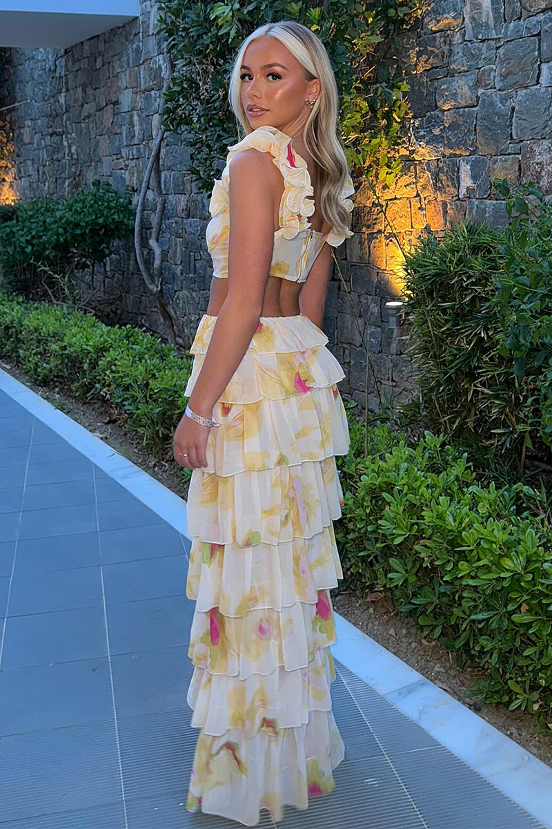 Ruffled Straps Crop Top Slit Tiered Maxi Skirt Matching Set-Beige Pre Order