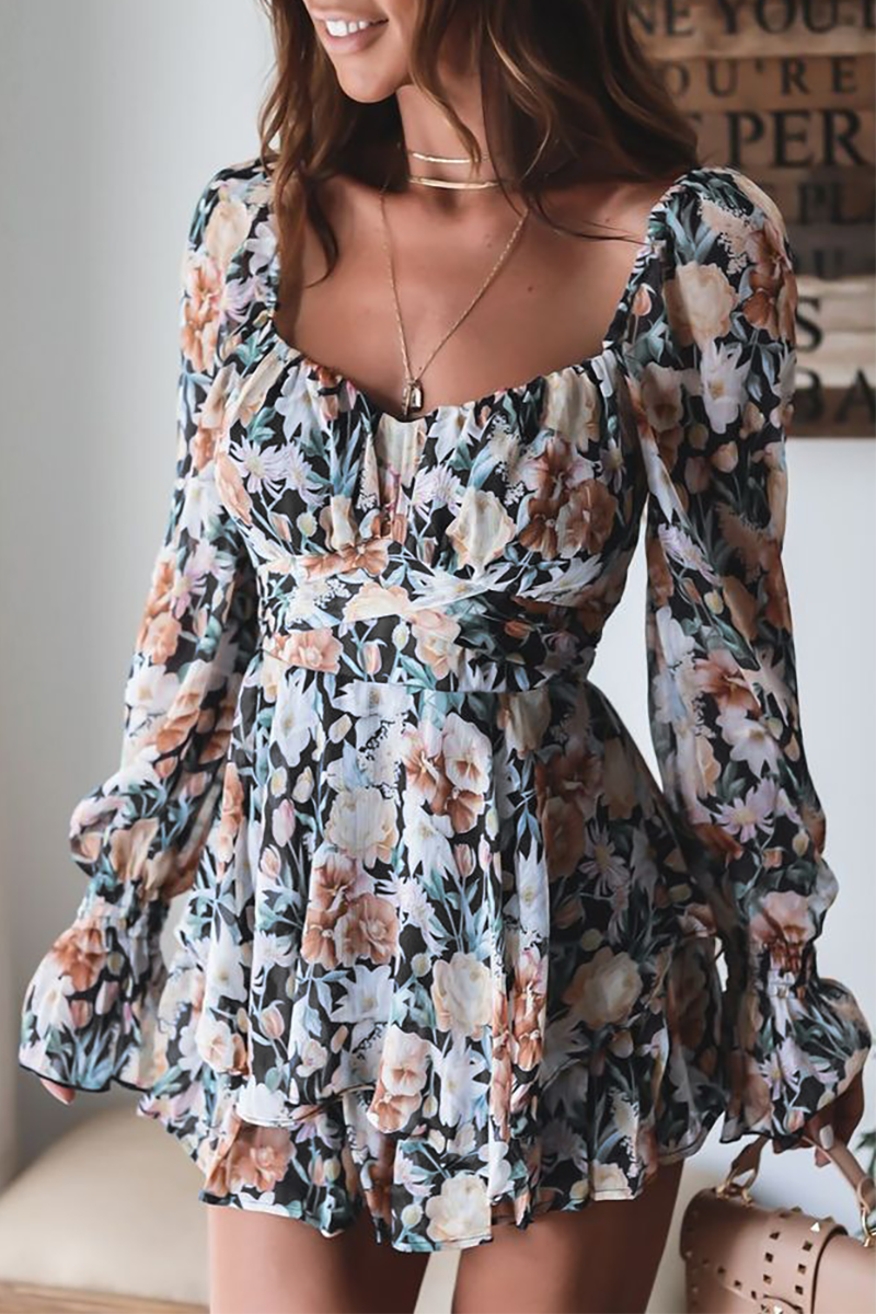 Floral Print Long Sleeve High Waist Backless Ruffled Tiered Hem Playsuit Romper-Black