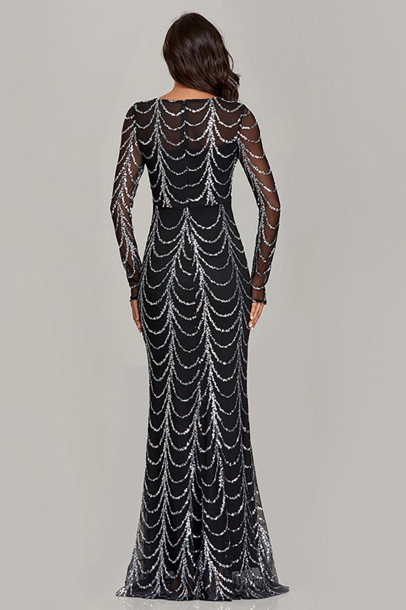 Sequin Slim Prom Mermaid Long Sleeve Maxi Dresses