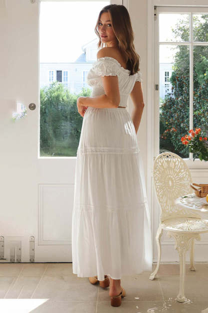 Off Shoulder Short Sleeve Ruched Top Quilted Maxi Skirt Matching Set-White