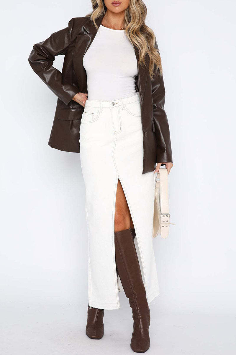 Denim Bodycon Slit Front Pocket Maxi Skirt-Blue